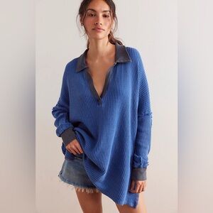 Free People We The Free Travis Polo Pullover Waffle Knit Shirt, Dutch Blue, XL